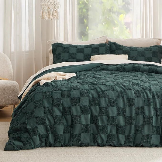 Bedsure King Size Comforter Set Emerald, Boho Tufted Bed Set, Checkered Farmhouse Shabby Chic Bedding, 3 Pieces, 1 Plaid Geometric Comforter and 2 Pillow Shams
