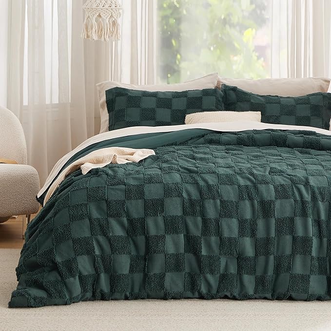 Bedsure Twin/Twin XL Comforter Set Emerald, Boho Tufted Bed Set, Checkered Farmhouse Shabby Chic Bedding, 2 Pieces, 1 Plaid Geometric Comforter and 1 Pillow Sham