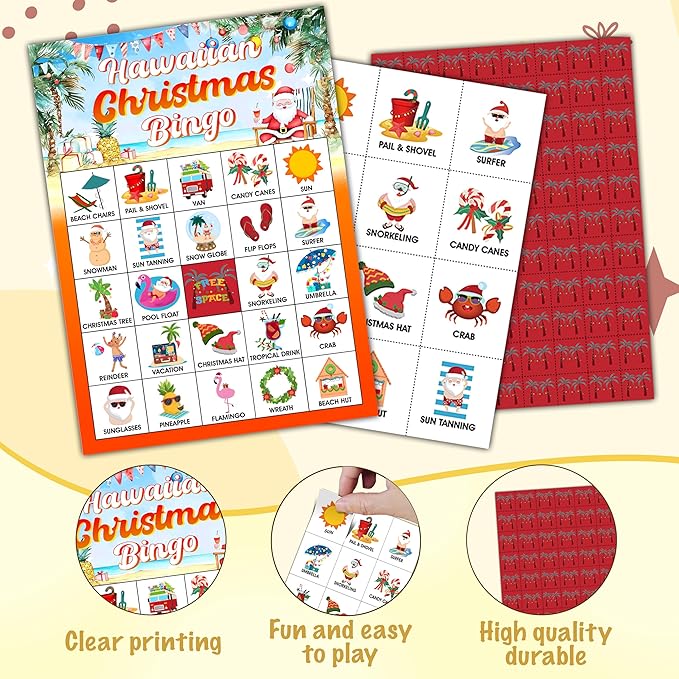 Hawaiian Christmas Bingo Games Cards, Summer Beach Party Game, Tropical Christmas Party Game Decor, Bingo Sets for Adults Large Group, Tropical Christmas Theme Party Activity Supplies -A02