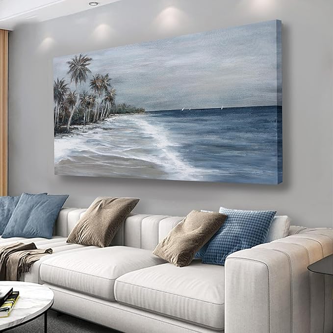 Coastal Wall Art Blue Gray Beach Wall Decor Landscape Abstract Canvas Painting Modern Ocean Artwork Framed for Living Room Bedroom Bathroom Office Decor 20"x40"Can Be Hung Directly