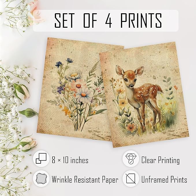 HRQKO Vintage Wildflower Animal Wall Art Poster Prints Set of 4, Botanical Wall Art, Wildflower Artwork Printing Posters Wall Decor, Farm Deer Lamb Decor for Living Room Bedroom 8”x10” Unframed