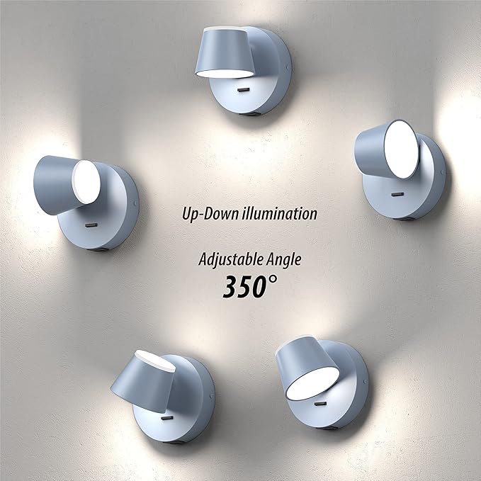 URSOLA Wall Light LED Wall Sconce with On/Off Switch USB Charging Port 110 Volt Hardwired Wall Lamp 350 Rotatable Up Down Sconces Wall Lighting (Blue)