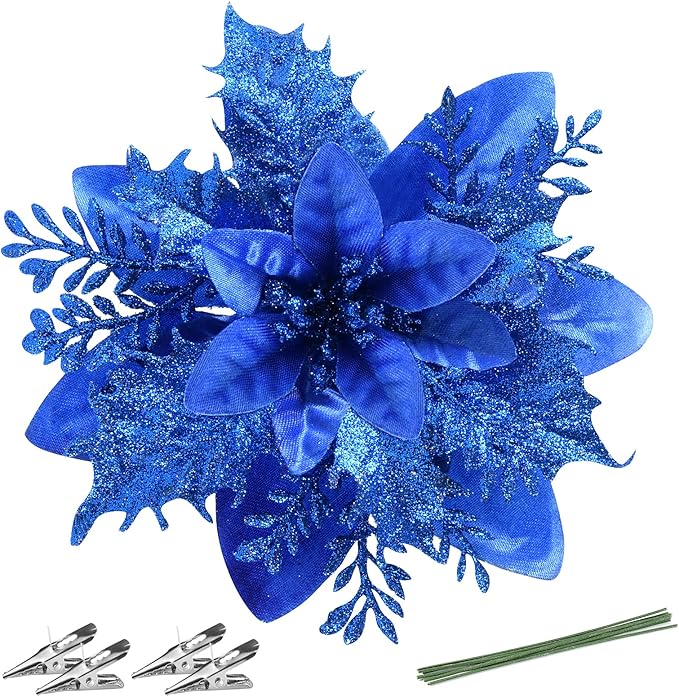 Christmas Poinsettia Artificial Flowers Decorations 5.5" Christmas Tree Wreaths Garland Decoration 12 Pcs Glitter Flowers Picks Decor for Xmas Wedding Party Ornaments (Royal Blue)