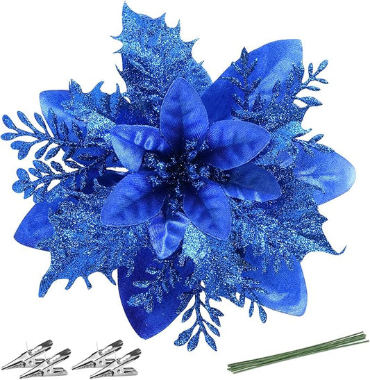 Christmas Poinsettia Artificial Flowers Decorations 5.5" Christmas Tree Wreaths Garland Decoration 12 Pcs Glitter Flowers Picks Decor for Xmas Wedding Party Ornaments (Royal Blue)