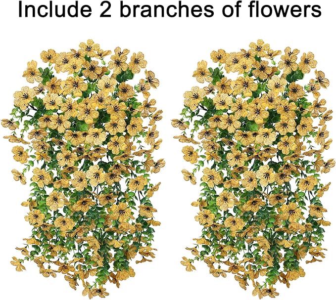 INSPRING Artificial Flowers Fall Faux Outdoor Outside Plants, 2 PCS Fake Silk UV Resistant Look Real Yellow Daisy Trailing Vines for Front Door Porch Planter Urn Patio Balcony Decoration