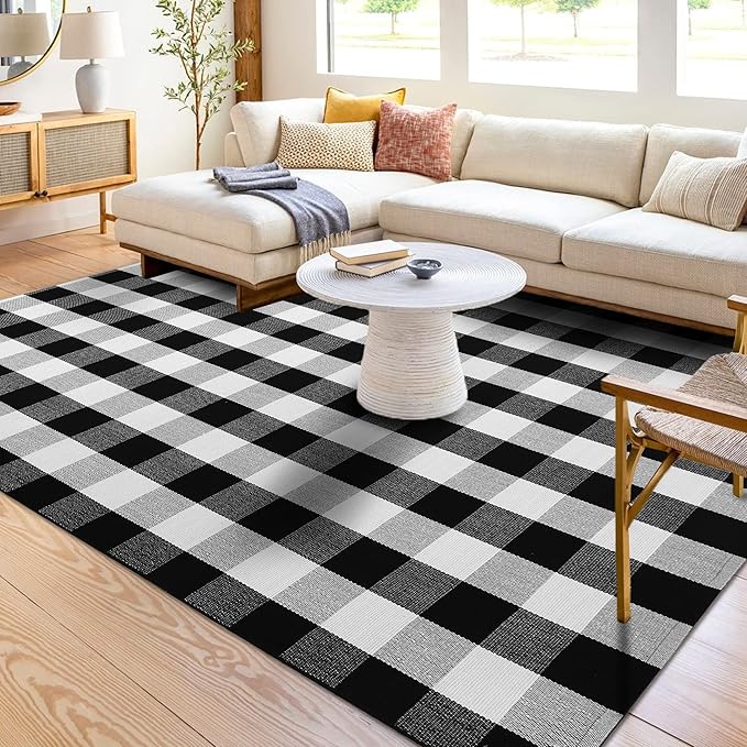 KOZYFLY Buffalo Plaid Area Rug 5 x 7 Ft Black and White Checkered Rug Washable Outdoor Patio Rugs Cotton Rugs for Living Room Carpet for Dining Room Bedroom Farmhouse Rug