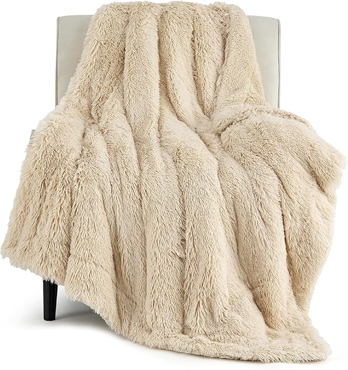 Bedsure GentleSoft Fuzzy Sherpa Faux Fur Blanket Beige Cozy Gifts for Women Men, Soft Fleece Plush Warm Minky Thick Blanket Twin Size for Couch, Room Decor Dorm Bed Essentials Beige Decor, 60x80