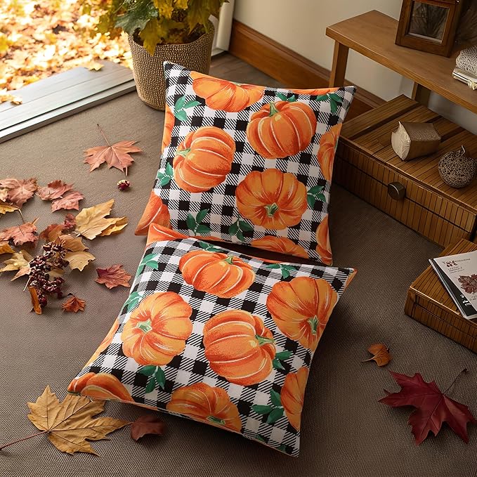 decorUhome Fall Orange Pumpkin Linen Decorative Throw Pillow Covers 18x18 Set of 2, Buffalo Plaid Check Farmhouse Gingham Cushion Covers with Stitched Edge for Autumn Harvest Couch Sofa Bed