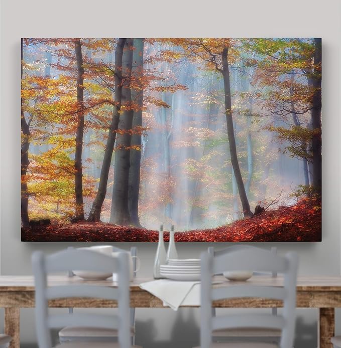 Renditions Gallery Canvas Nature Wall Art for Home Misty Orange Autumn Trees Forest Hanging Prints for Living Room Office Kitchen Decor - 12"X18" LT08