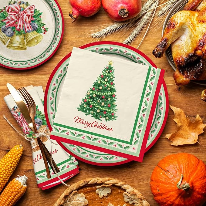 Christmas Party Supplies Kit, Serve 50, Christmas Tree Disposable Dinnerware Includes: Paper Dinner Plates, Dessert Plates, and Napkins, Great for Merry Christmas Party Decorations