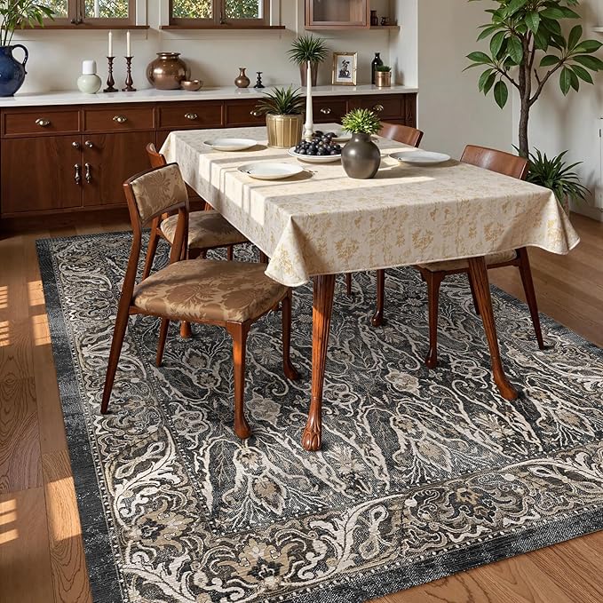 Washable Area Rug 6' x 9' Vintage Traditional Persian Mat - Foldable Distressed Non-Slip Machine Washable Carpet for Living Room Bedroom Kitchen Home Decor - Ebony and Taupe