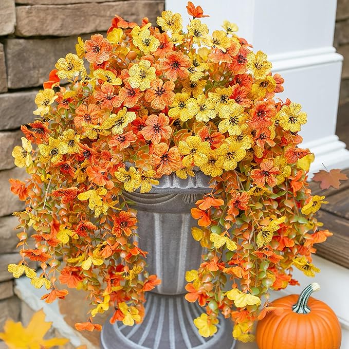 Artificial Flowers for Fall Outdoors Decoration, 2Pcs Fake Fall Light Orange & Yellow Hanging Flowers, Faux Autumn Decor for Porch Patio Balcony Planter, Realistic Arrangement