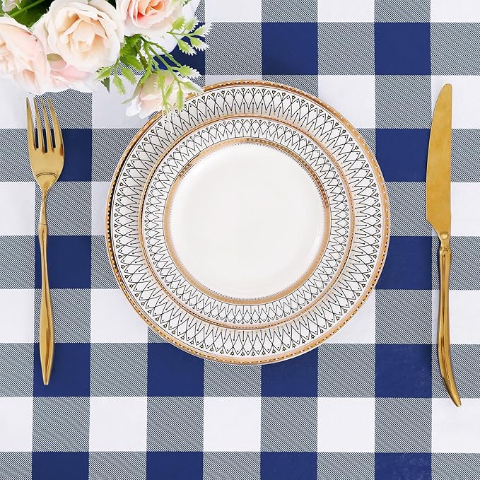 misaya Rectangle Waterproof Vinyl Table Cloth, Buffalo Flannel Backed Tablecloth, Wipeable Plastic Table Cover for Dinner, Kitchen, Outdoor (60" x 102", White and Navy)