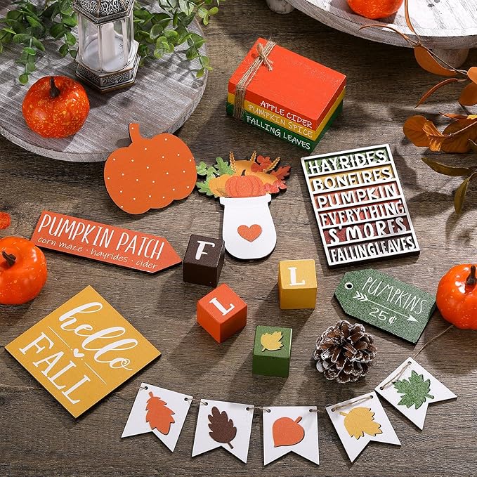 19 Pcs Bright Fall Tiered Tray Decor Autumn Farmhouse Home Decorations Set Fall Wood Tray Decor Autumn Thanksgiving Day Decorative Sign for Tabletop Kitchen Office Decorations