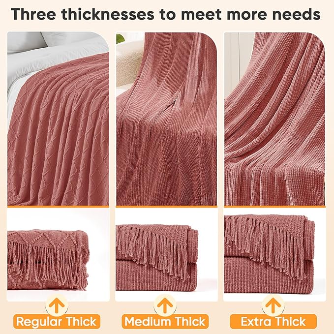 inhand Knitted Coral Pink Throw Blanket for Couch Bed,Chunky Chenille Woven Soft Warm Christmas Blankets Gifts for Women with Tassels, Cozy Boho Farmhouse Fall Winter Decor,50"x60",Extra Thick