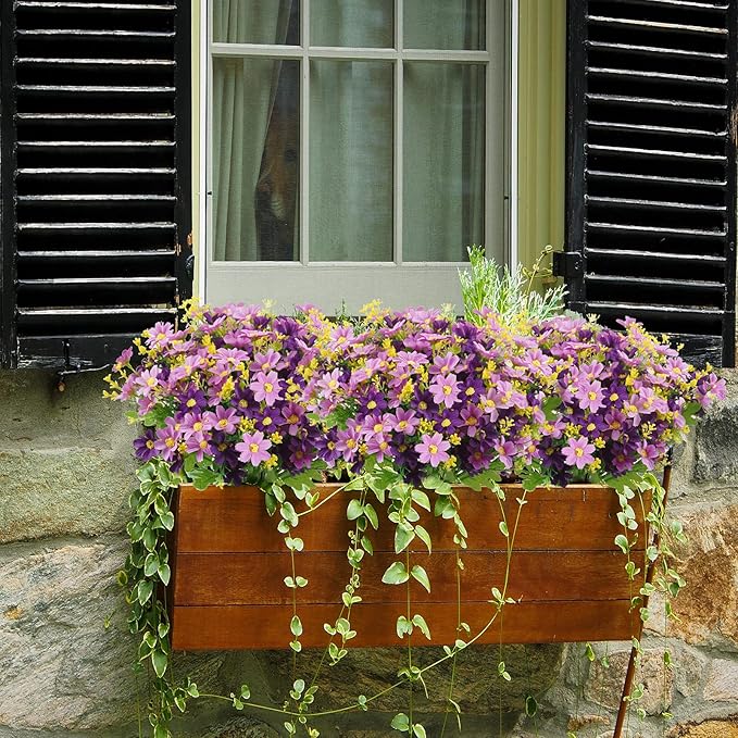 Uieke 6PCS Artificial Flowers for Outdoors UV Resistant, Fake Daisy Mums Flowers No Fade Greenery Shrubs Faux Purple Flowers for Outside Home Wedding Garden Spring Summer Décor