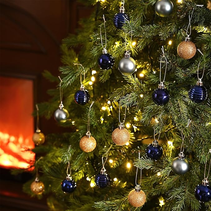 Valery Madelyn 1.57 Inches Small Christmas Tree Decorations Ornament Set for 4th of July Fall Halloween, 24ct Blue and Gold Shatterproof Hanging Ball Ornaments Holiday Party Decor