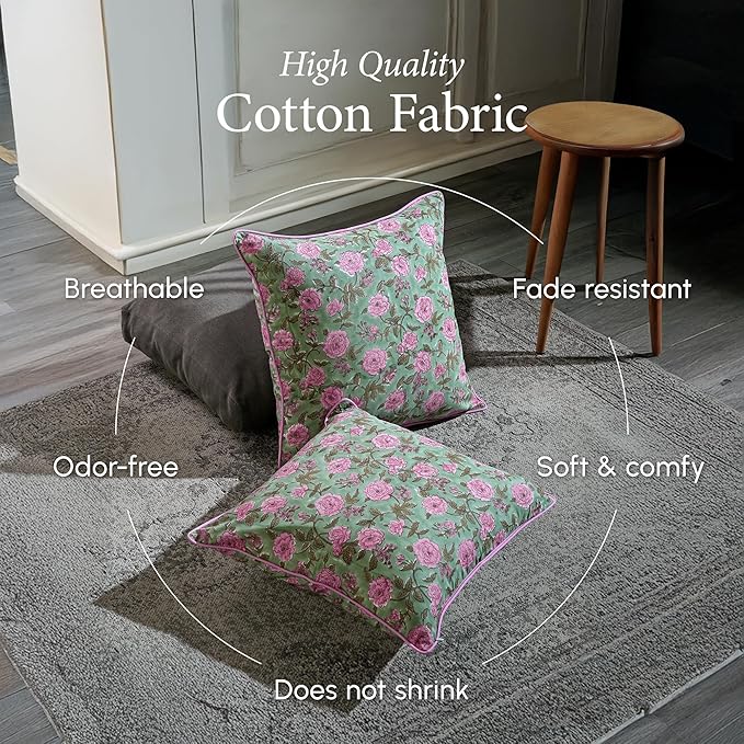 CPC 100% Cotton Throw Pillow Covers 20x20 Inch, Set of 2 Pink Block Print Pattern Couch Pillow, Cute Boho Decorative Pillows for Living Room, Bedroom with Hidden Zipper- Pink Tourmaline