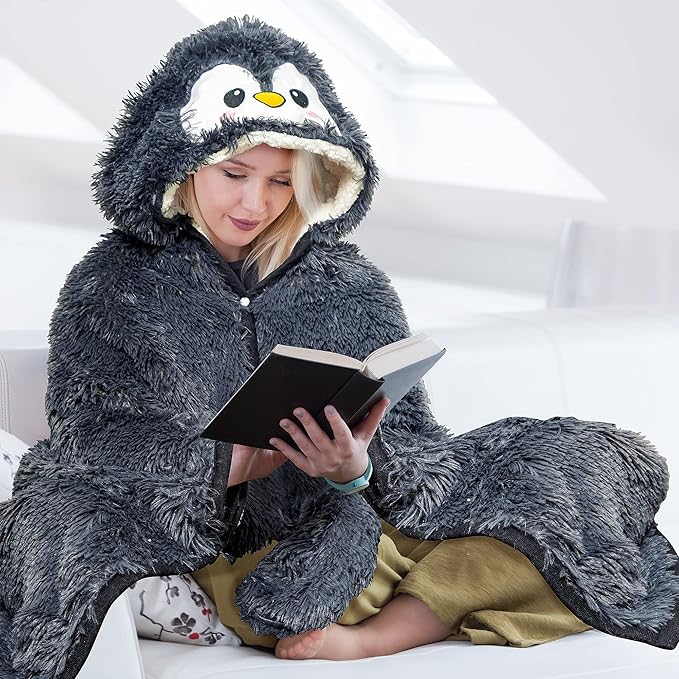 Penguin Wearable Hooded Blanket for Adults - Fluffy Super Soft Shaggy Faux Fur, Fuzzy Warm Cozy Plush Furry Fleece & Sherpa Hoodie Throw Cloak Wrap - Penguin Gifts for Women Adults and Kids