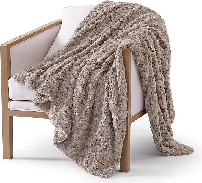UGG Faux Fur Brown Throw Blankets for Bed, Fuzzy Blanket, Luxury Throws for Couch, Hypoallergenic Double-Sided, Cozy Cute Fall Decor, 50-inch x 70-inch, Oyster Brown (Adalee)