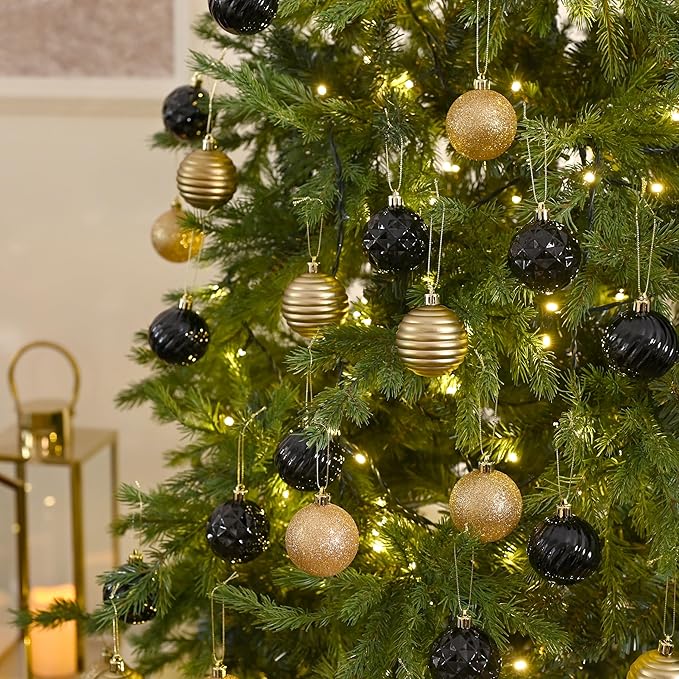 Valery Madelyn Christmas Ornaments Tree Decorations Set for Fall Halloween, 24ct Black Gold Shatterproof Ball Ornaments, 2.36" Hanging Ornament Bulk for Xmas Holiday Party Decor