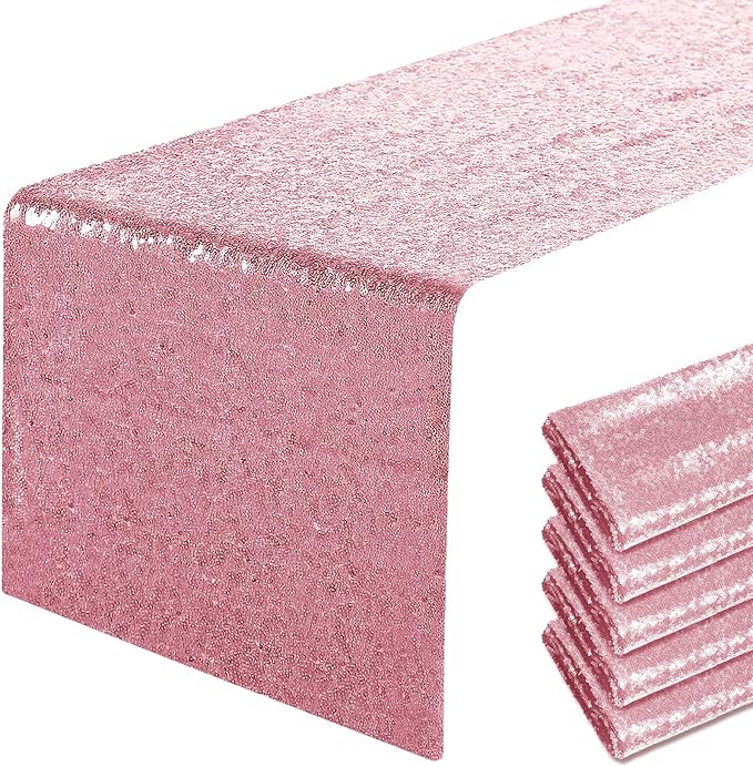 6 Packs 12 x 108 inches Light Pink Sequin Table Runner, Glitter Pink Table Runner for Wedding Birthday Bachelorette Holiday Party Supplies Decorations Bridal Shower Baby Shower