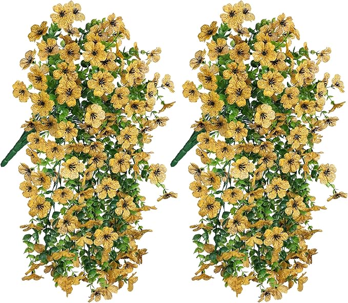 Artificial Hanging Flowers for Outdoors Decoration, 2pcs Fake Daisy with Eucalyptus Leaves for Garden Yard Porch (Yellow)