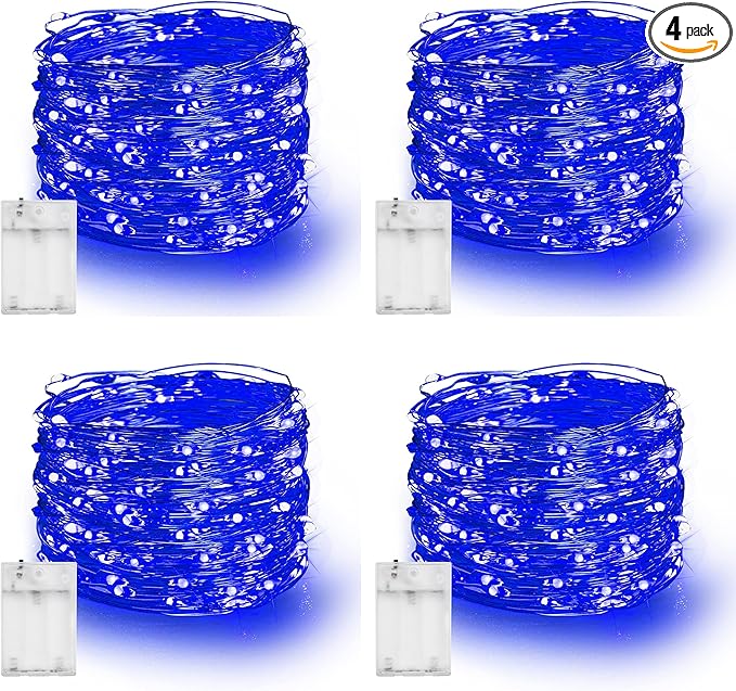 Dazzle Bright Fairy Lights Battery Operated, 4 Pack Total 80FT 240LED Silver Wire Waterproof Battery Operated String Lights, Christmas Decorations for Indoor Outdoor Bedroom Yard Decor, Blue