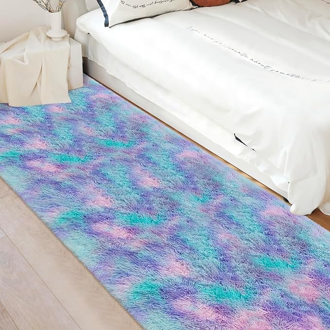 Super Soft Fluffy Living Room Area Rug 3x10 ft Purple Rainbow Tie-Dyed Shaggy Furry Carpet Washable Non-Slip Carpets Bedroom Bedside Nursery Rug Cute Colorful Room Decor for Girls