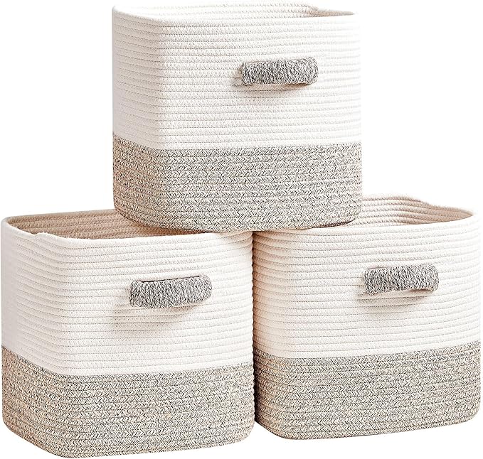 Storage Cube Baskets 3-Pack - 11 inch Square Baskets, Closet & Shelves Organizers - Woven & Drawer Storage - Ideal for Toys | White & Beige