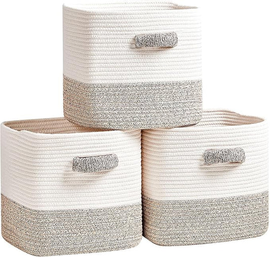 Storage Cube Baskets 3-Pack - 11 inch Square Baskets, Closet & Shelves Organizers - Woven & Drawer Storage - Ideal for Toys | White & Beige