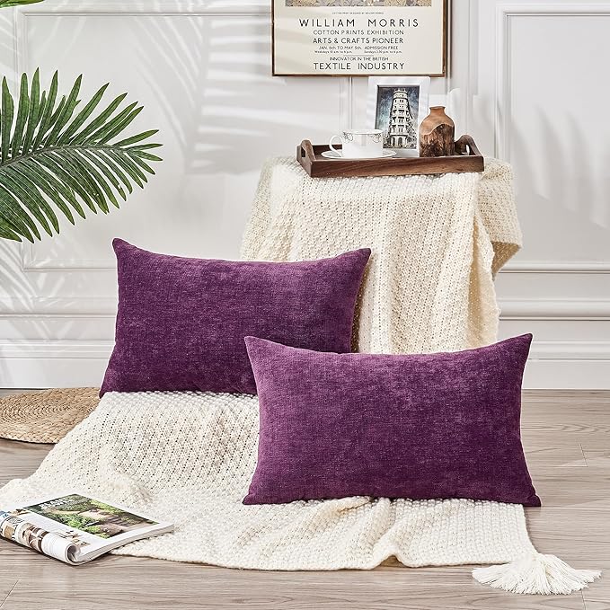 GAWAMAY Lumbar Pillow Decorative Rectangle Throw Pillow Covers 12"x20" Inch Set of 2, Super Soft Chenille Fall Pillowcase for Living Room Bedroom Sofa Couch Cushion Cover Purple 30x50cm (ONLY Covers)