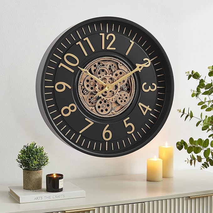 CLXEAST 21 Inch Moving Gear Wall Clock, Large Regular Arabic Numeral Wall Clocks for Living Room Decor,Modern Black& Gold Finish,House Warming Gifts New Home
