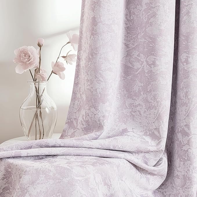Beauoop Purple Floral Jacquard Blackout Curtains 63 Inches Long 2 Panels for Bedroom Living Room Chenille Flower Room Darkening Thermal Insulated Soundproof Grommet Window Treatments Drapes, 52x63
