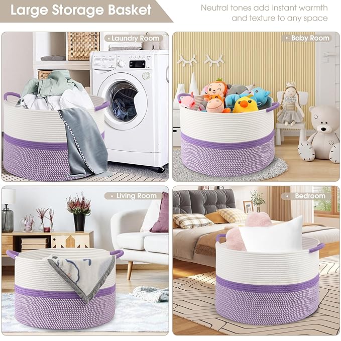 Laundry Basket,20''x13''Large Woven Cotton Rope Storage Basket,Nursery Laundry Hamper,Blanket Basket for Living Room;Kids hamper,Multi-Purpose Organizer for Laundry,Toys(White and Purple)