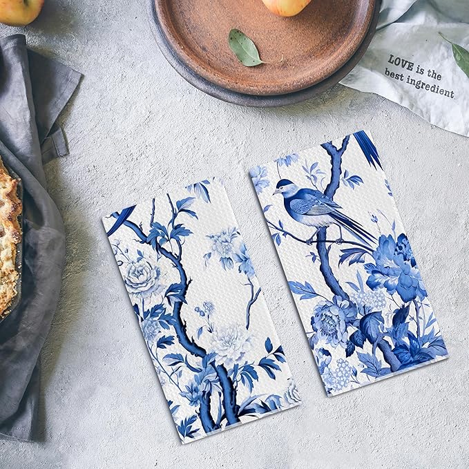 Chinoiserie Wildflower Bird Kitchen Towels Set of 2 - Retro Chinoiserie Tea Waffle Weave Towels for Kitchen Decorative, Chinoiserie Farmhouse Dish Towels Waffle Weave 16 X 24 Inch