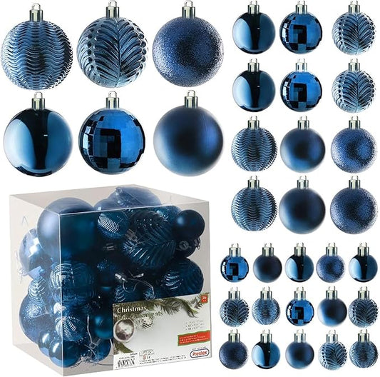 PREXTEX Shatterproof Christmas Ball Ornaments - 36pcs Blue Decorations with Hanging Loop in 6 Styles and 3 Sizes - Midnight Blue