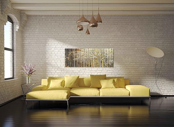 Yihui Arts Gold Metal Wall Art Handcrafted Tree on Aluminum Artwork Modern Forest Pictures with 3D for Living Room Bedroom Kitchen Decor