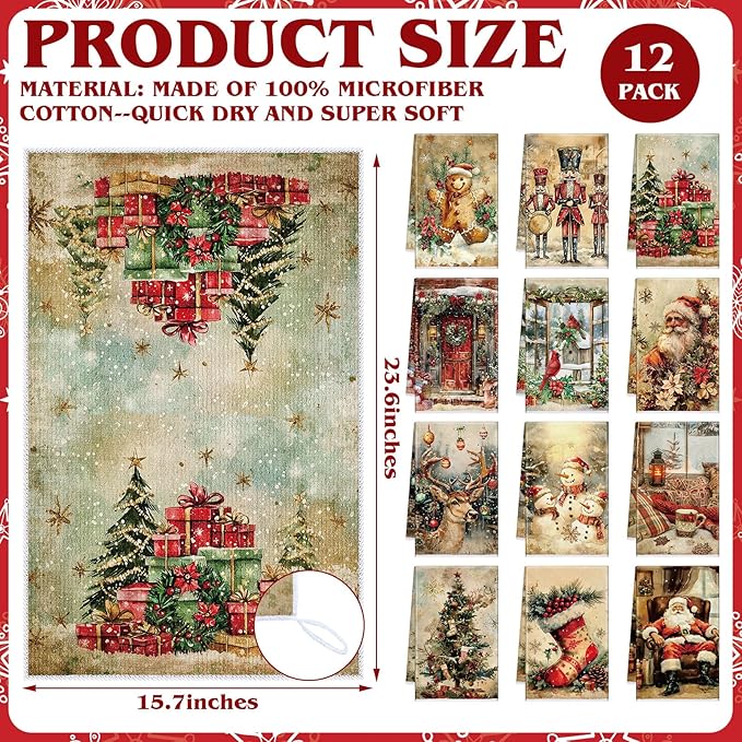 12 Pcs Christmas Kitchen Towels and Dishcloths Absorbent Christmas Tree Reindeer Truck Hand Dish Towels Decoration for Xmas Home Gift Supplies, 14.2 x 21.3 Inch (Vintage Fashion)