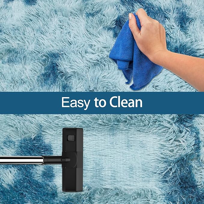 Super Soft Fluffy Living Room Area Rug 3x10 ft Tie-Dyed Light Blue Shaggy Furry Carpet Washable Non-Slip Floor Rugs Bedroom Bedside Nursery Rug Fuzzy Girls Boy Dorm Home Decor Aesthetic