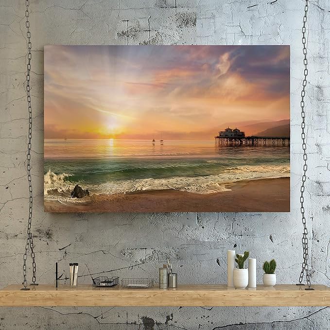 Renditions Gallery Canvas Nature Art Prints Evening Sunset at Calm Sandy Beach Wall Hanging Artwork for Bedroom Office Home Decorations - 24"X36" LT08