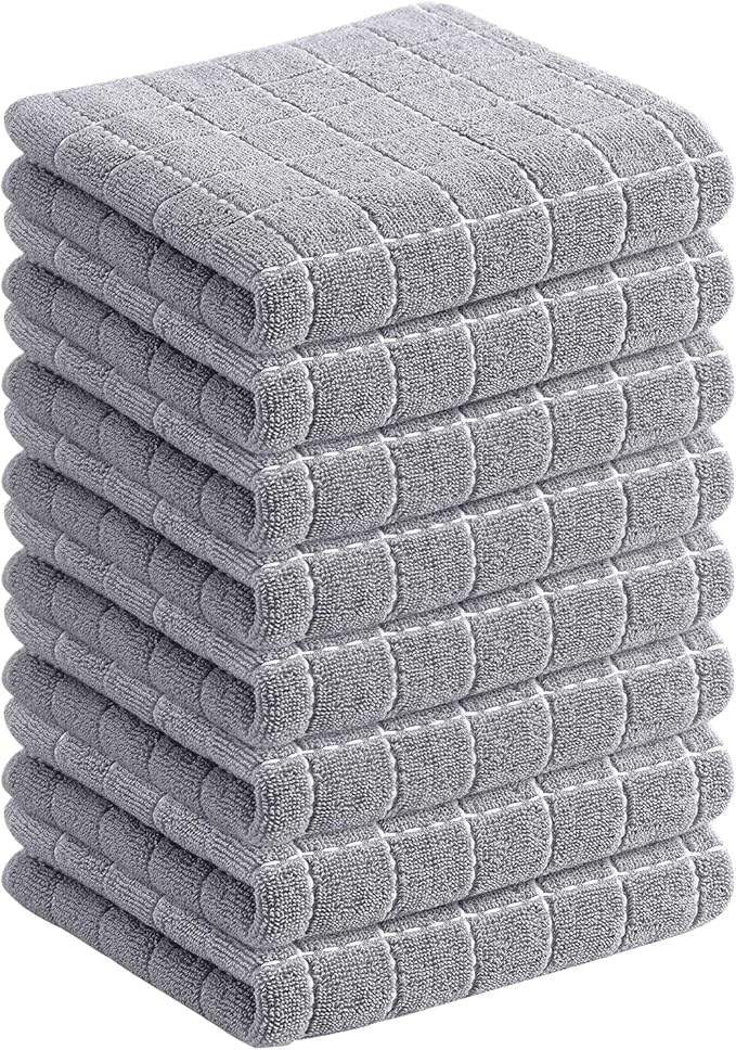Homaxy 100% Cotton Terry Kitchen Towels(Light Grey, 13 x 28 inches), Checkered Designed, Soft and Super Absorbent Dish Towels, 8 Pack