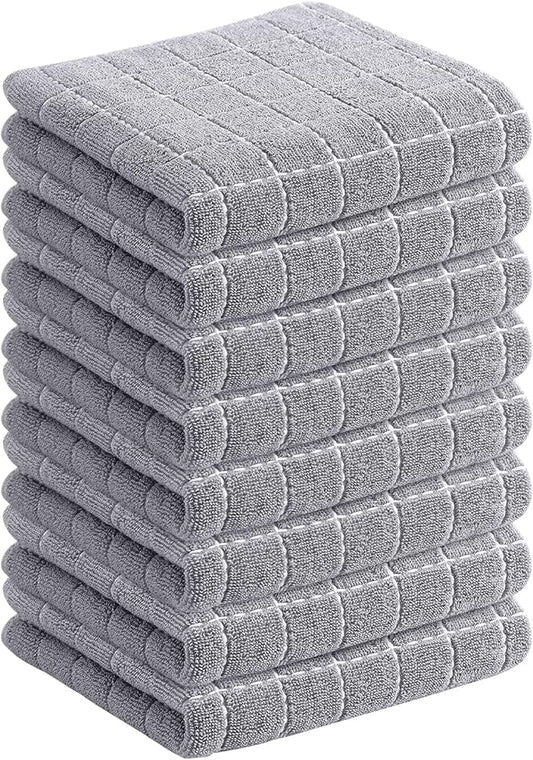 Homaxy 100% Cotton Terry Kitchen Towels(Light Grey, 13 x 28 inches), Checkered Designed, Soft and Super Absorbent Dish Towels, 8 Pack