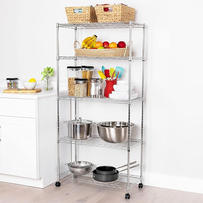 Seville Classics 5-Tier Wire Shelving with Wheels, 5-Tier, 30"" W x 14"" D (NEW MODEL), Chrome Plating, Plated Steel
