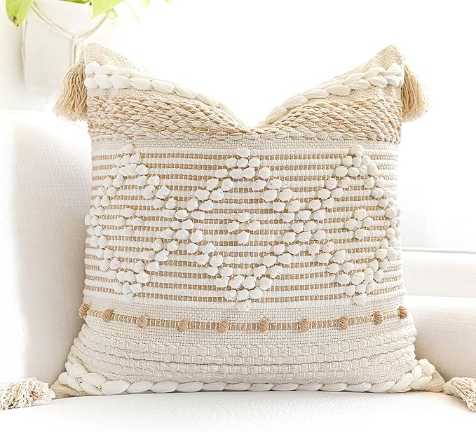 Cream White Boho Throw Pillow Cover 20X20, Boho Woven Textured Pillow Cover, Neutral Pillow Cover, Sofa Couch Bed Farmhouse Lumbar Pillow (Cover ONLY)