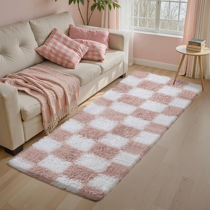 Checkered Area Rug 2x6 for Bedroom, Pink and White Modern Shag Rug Super Soft Runner Carpet Washable Fluffy Rugs for Living Room Bedside Sofa Home Dorm Decor Aesthetic