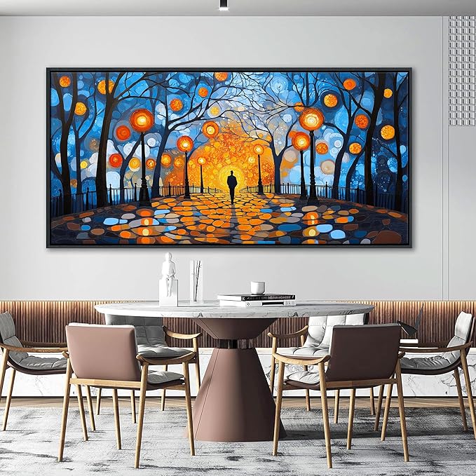 QZQCBLC Large Dark Blue Wall Art, Abstract Night Scene Wall Pictures Orange Light Black Trees Landscape Framed Canvas Paintings Artwork for Living room Bedroom kitchen Home Office Decor 29x58 IN