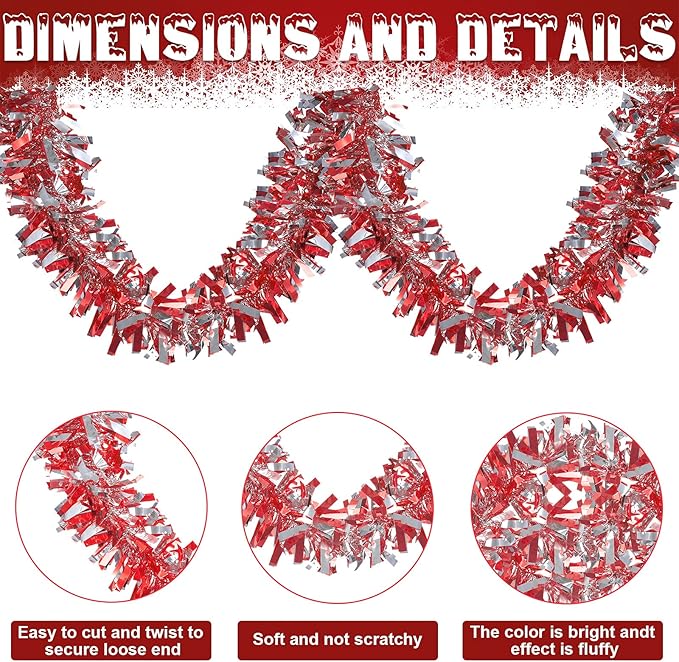 Dingion 59 Feet Christmas Tinsel Garland Metallic Twist Ornaments Hanging Glitter Xmas Garland for Christmas Tree Indoor Outdoor Decoration Party Supplies