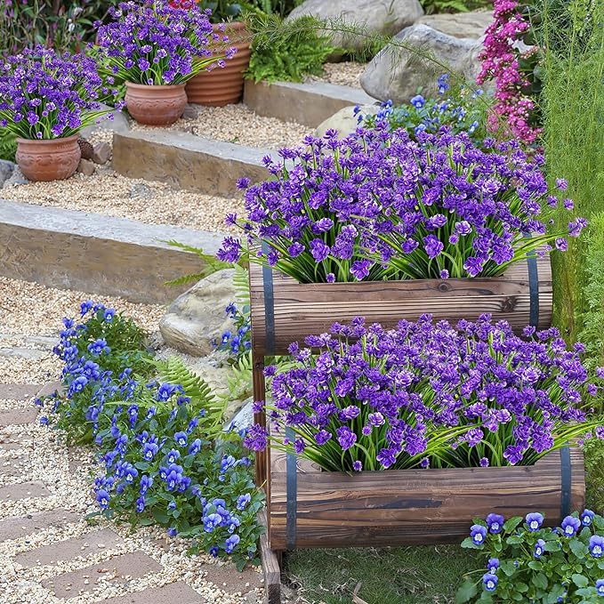 AmyHomie 20 Bundles Artificial Flowers for Outdoor Outside Spring Summer Decoration UV Resistant Faux Flowers No Fade Fake Plastic Plants Garden Porch Window Box Decorating