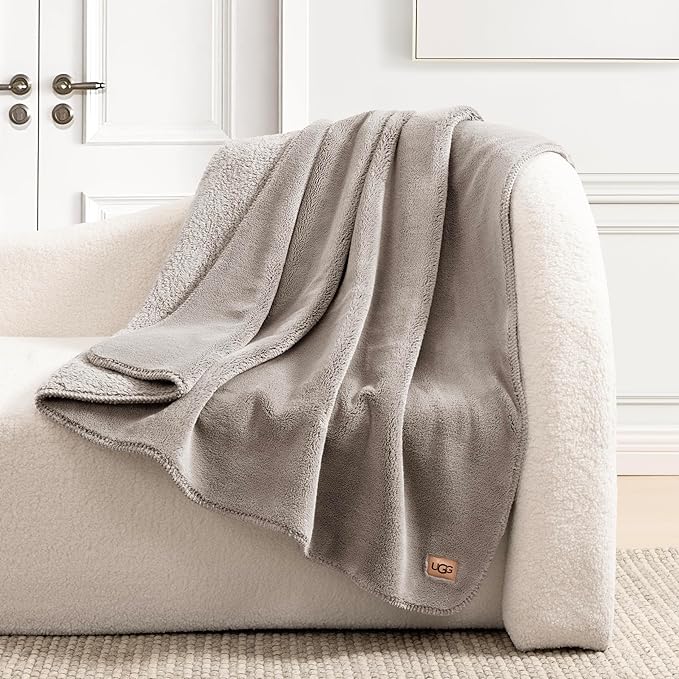 UGG Whitecap Plush Throw Blanket Fleece Lightweight Soft Throw for Couch or Bed Luxury Home Decor for Living Room Washable Hypoallergenic Blankets for Dorm Decor, 50-inch x 70-inch, Light Grey Seal